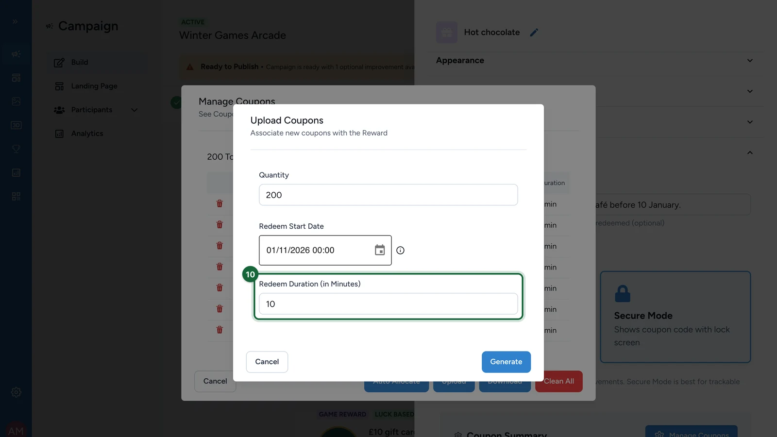 Redeem Duration of 10 minutes, highlighted