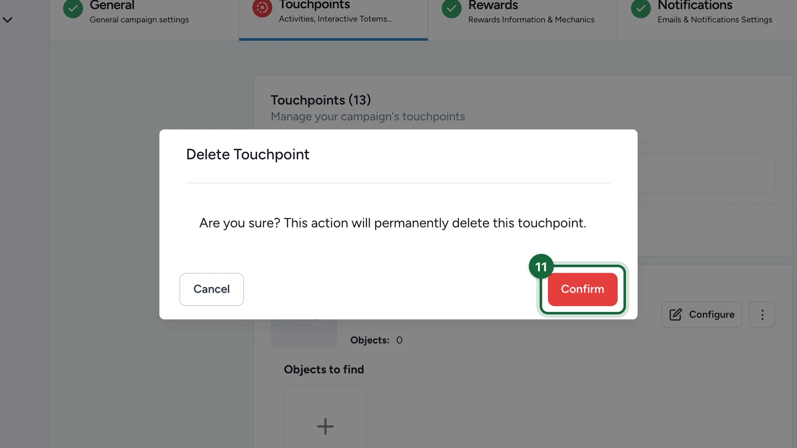 Delete Touchpoint window with the Confirm button highlighted