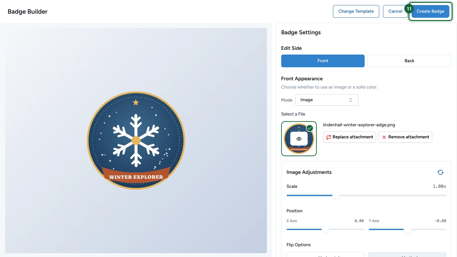 Badge Builder previewing the Winter Explorer badge, with Create Badge highlighted