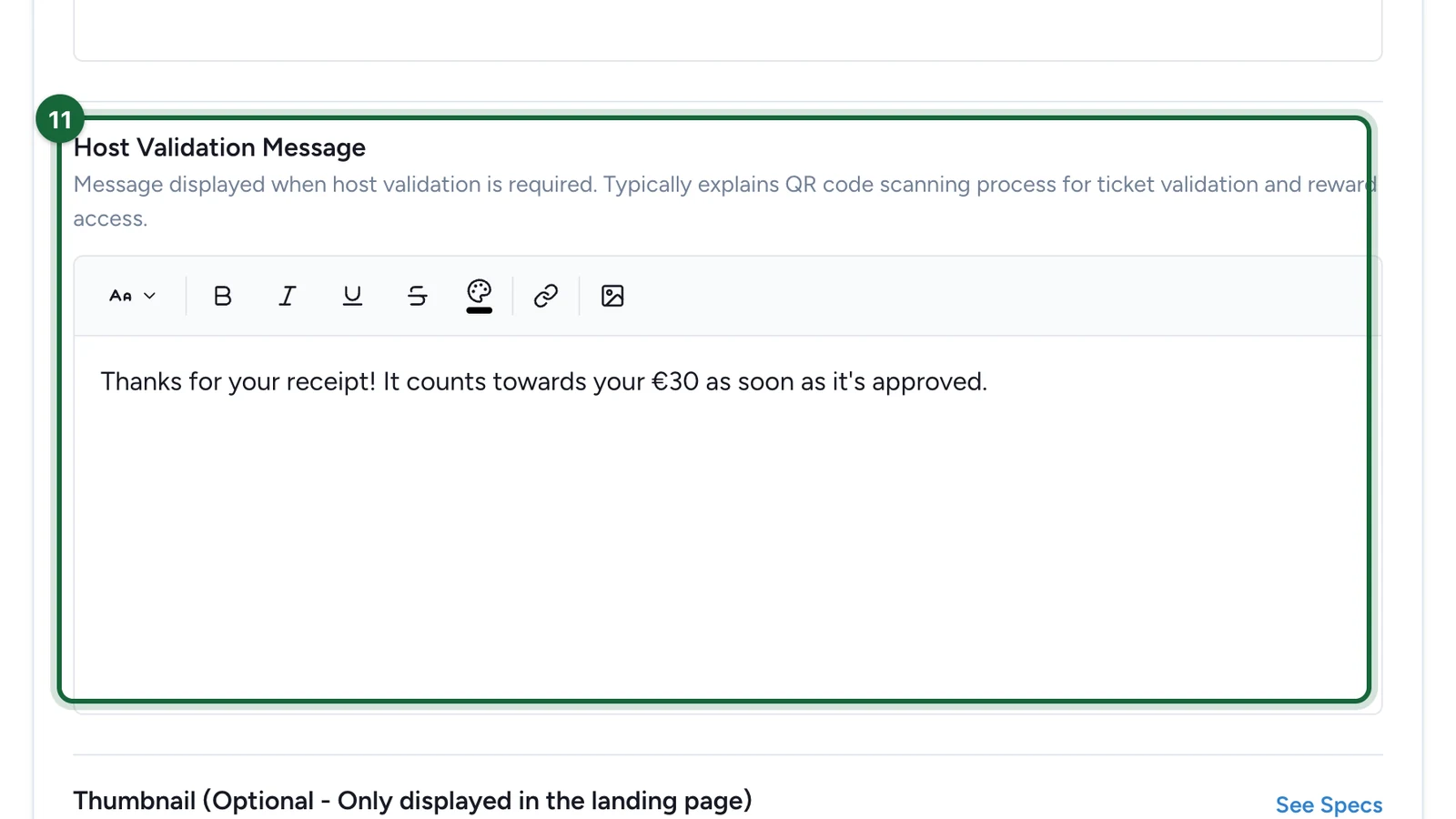 Host Validation Message thanking the shopper for their receipt, highlighted