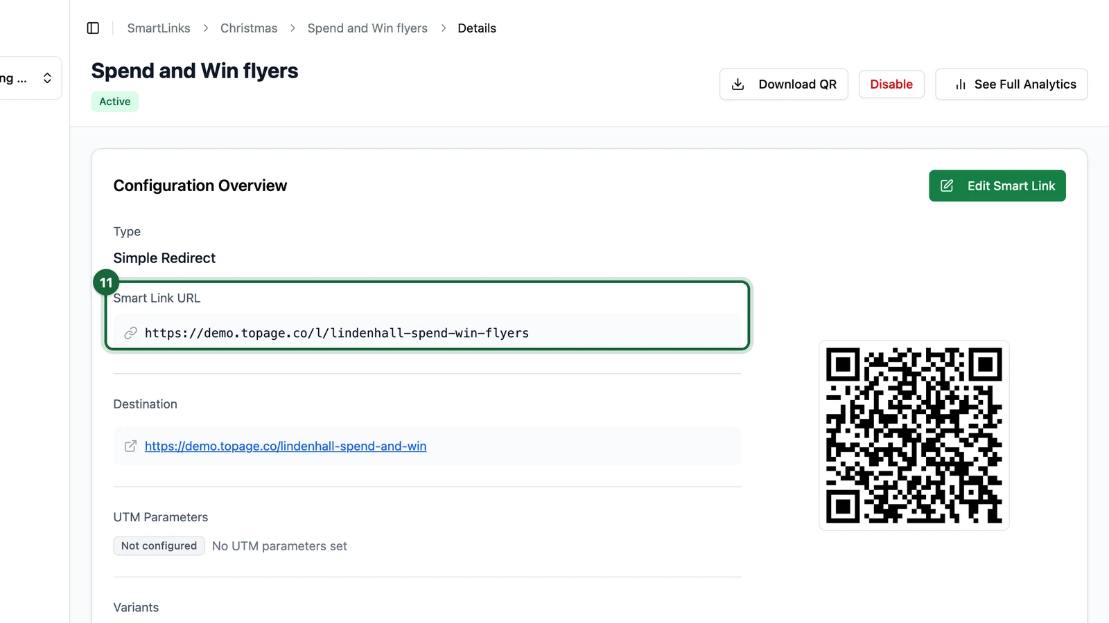 Smart Link details with the Smart Link URL highlighted
