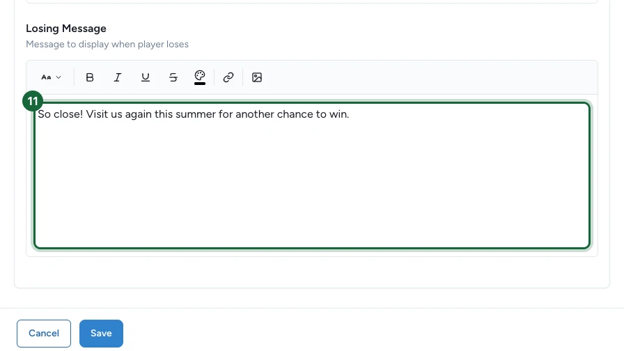Losing Outcome expanded with the Losing Message editor showing a friendly miss message highlighted