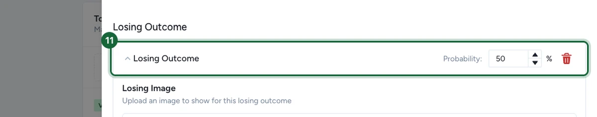 Outcomes tab with Losing Outcome expanded, showing its image and message fields