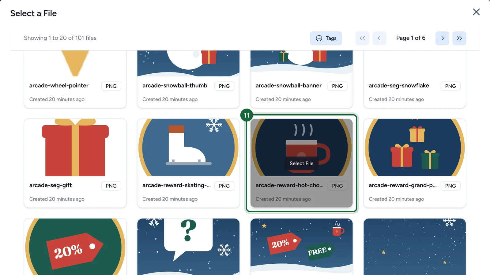 Images & Files library with the hot chocolate icon highlighted