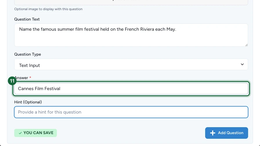 Fenêtre Add New Question avec le type réglé sur Text Input et le champ Answer mis en évidence