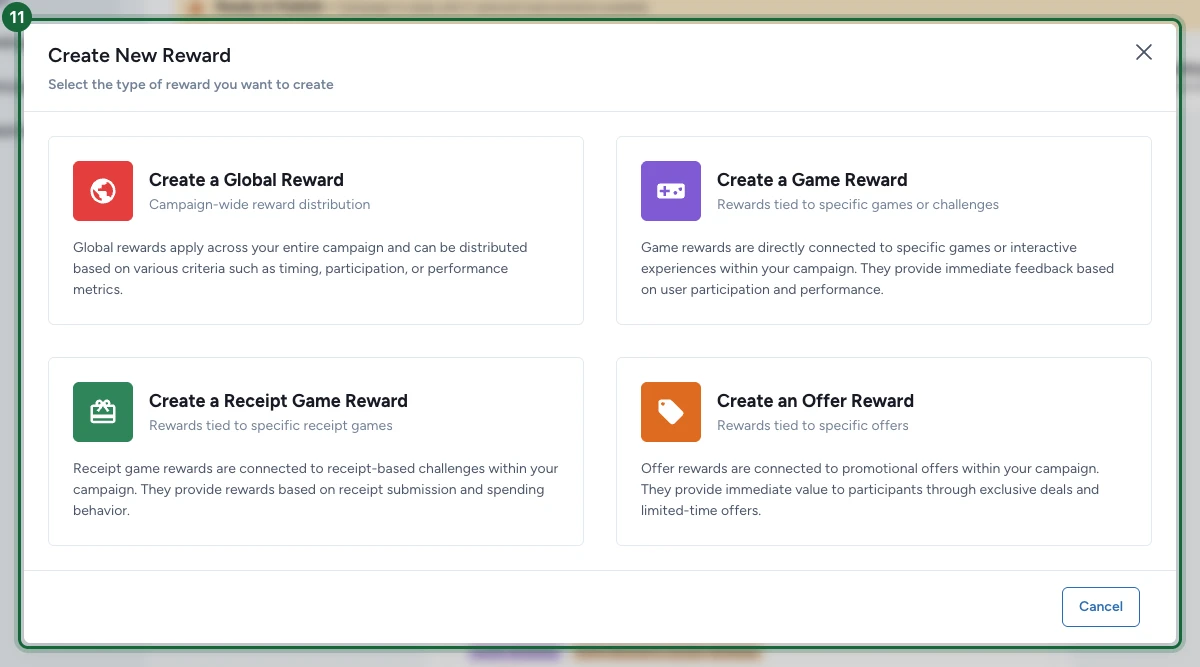 Fenêtre Create New Reward montrant les quatre types de récompense, avec Create a Game Reward mis en évidence