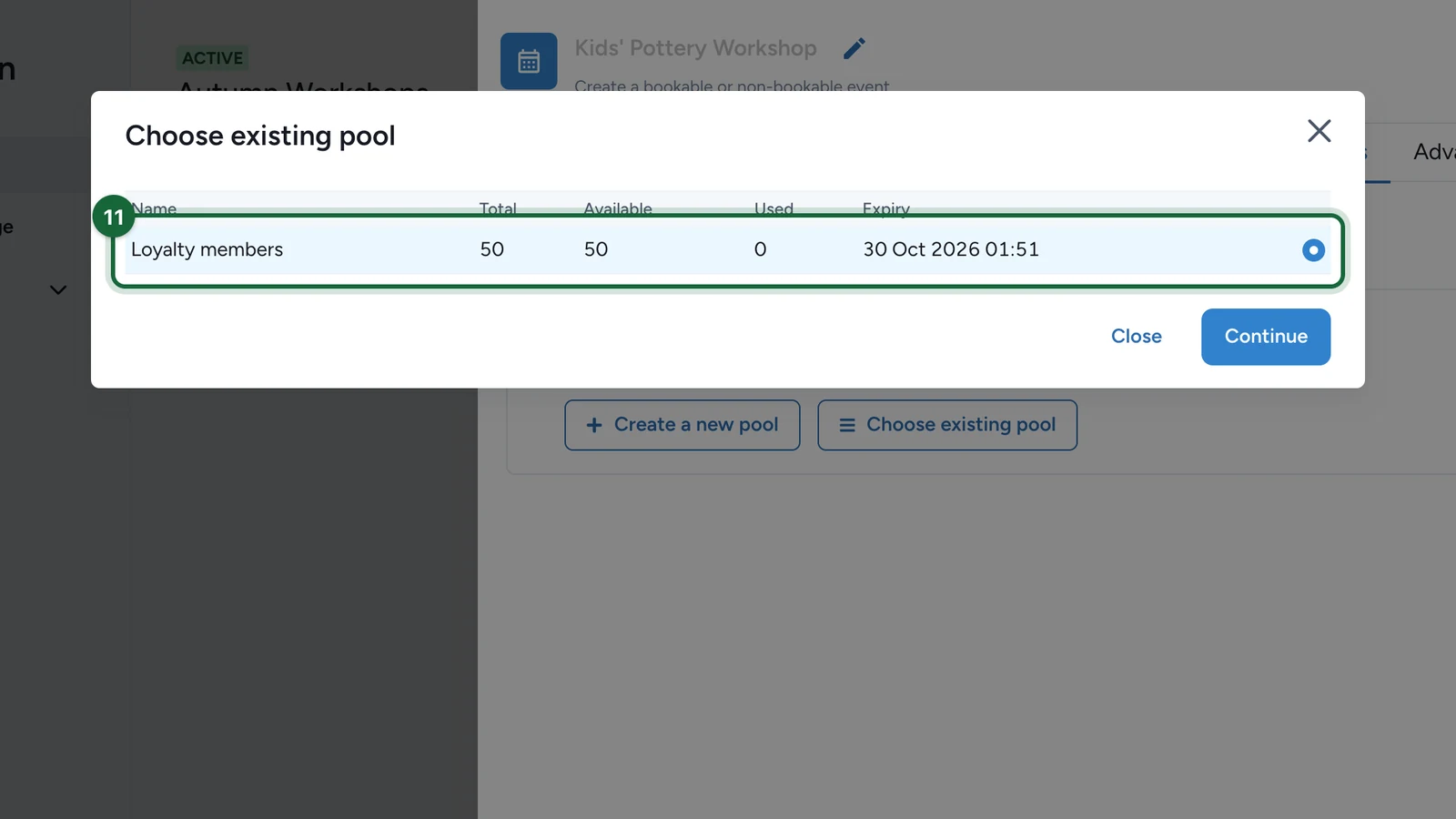 Choose existing pool window with the Loyalty members pool of 50 codes highlighted