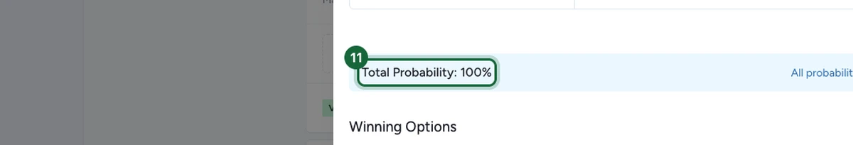 Outcomes tab showing the Total Probability indicator at 100%