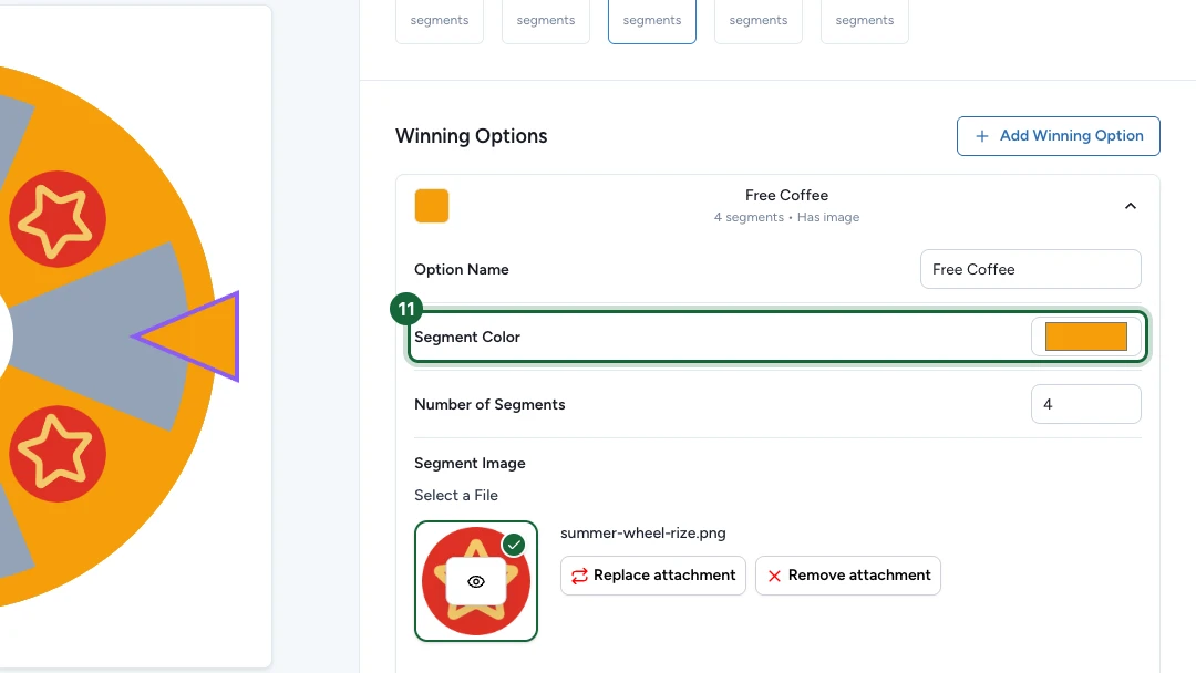 Expanded winning option showing the Option Name, Segment Color, Number of Segments, and Segment Image fields