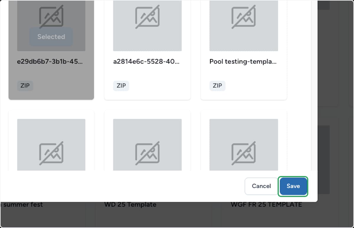 Sélecteur de fichier avec une carte ZIP marquée Selected et le bouton Save mis en évidence
