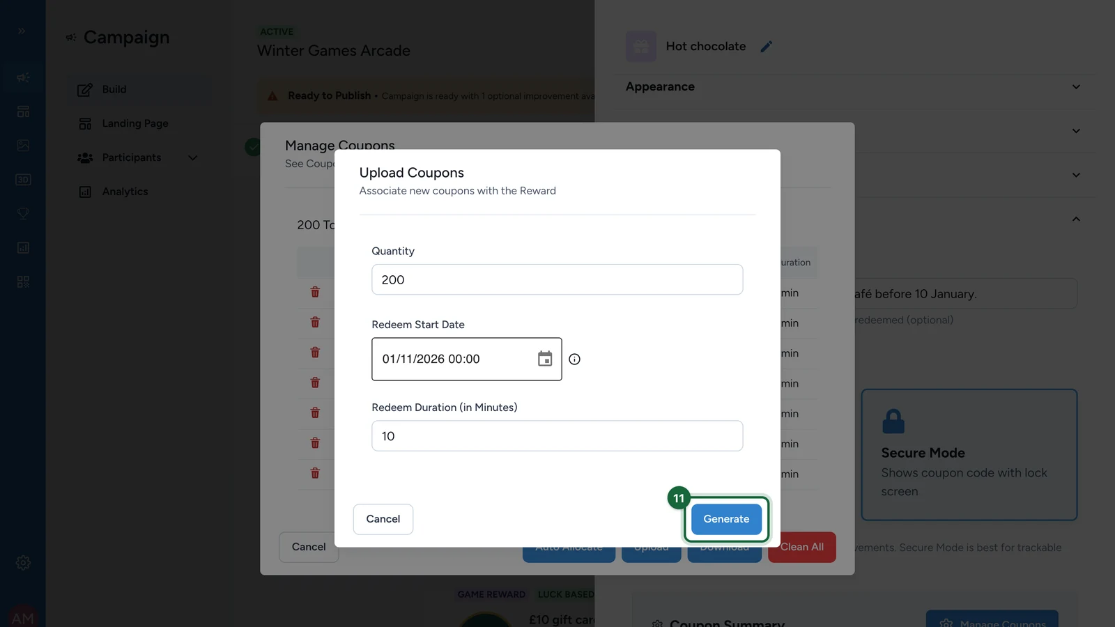 Upload Coupons window filled in, with Generate highlighted