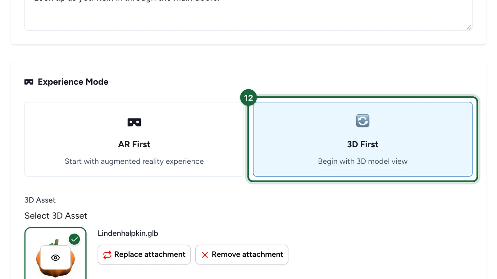 Experience Mode with 3D First selected, highlighted