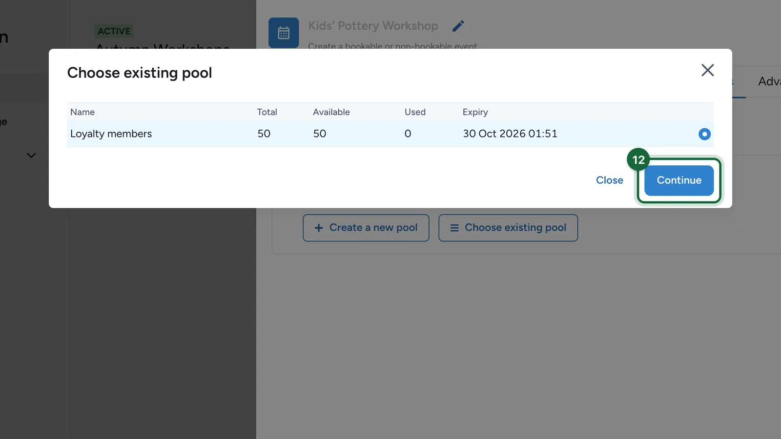 Choose existing pool window with the Continue button highlighted