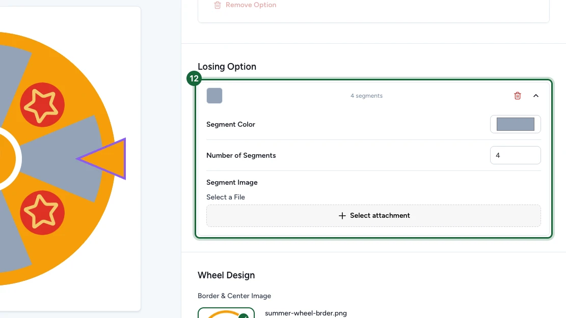 Wheel builder Losing Option expanded, showing its Segment Color and Number of Segments fields