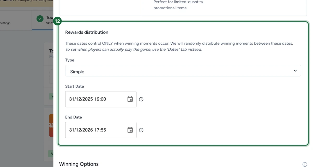 Onglet Outcomes avec Scheduled Rewards sélectionné, montrant le panneau Rewards distribution avec Start Date et End Date