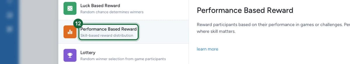 Sous-types de récompense de jeu avec Performance Based Reward, l'option basée sur la compétence, mise en évidence