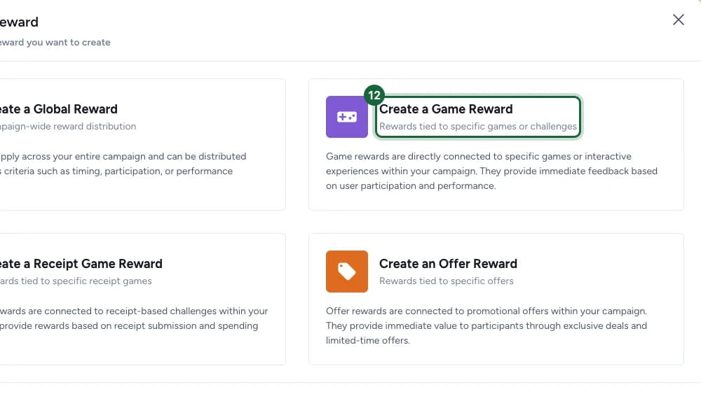 Fenêtre Create New Reward avec la carte Create a Game Reward mise en évidence