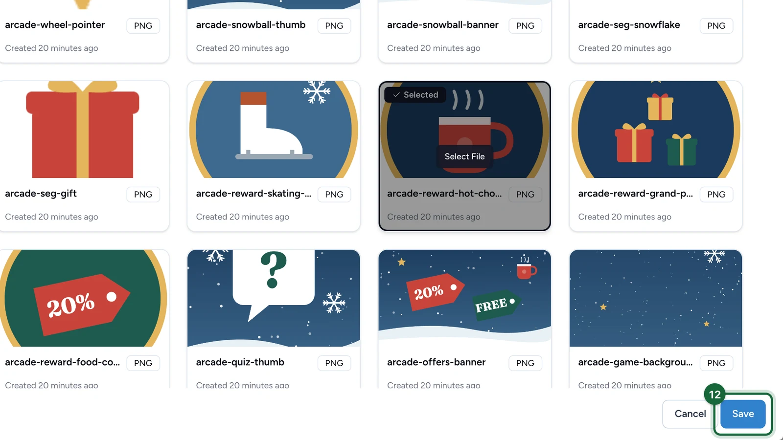 Images & Files library with the icon selected and Save highlighted