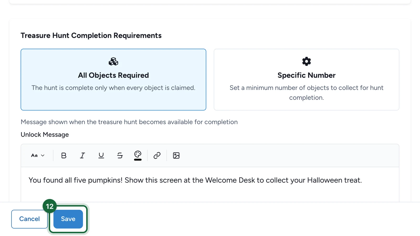 Hunt editor footer with the Save button highlighted