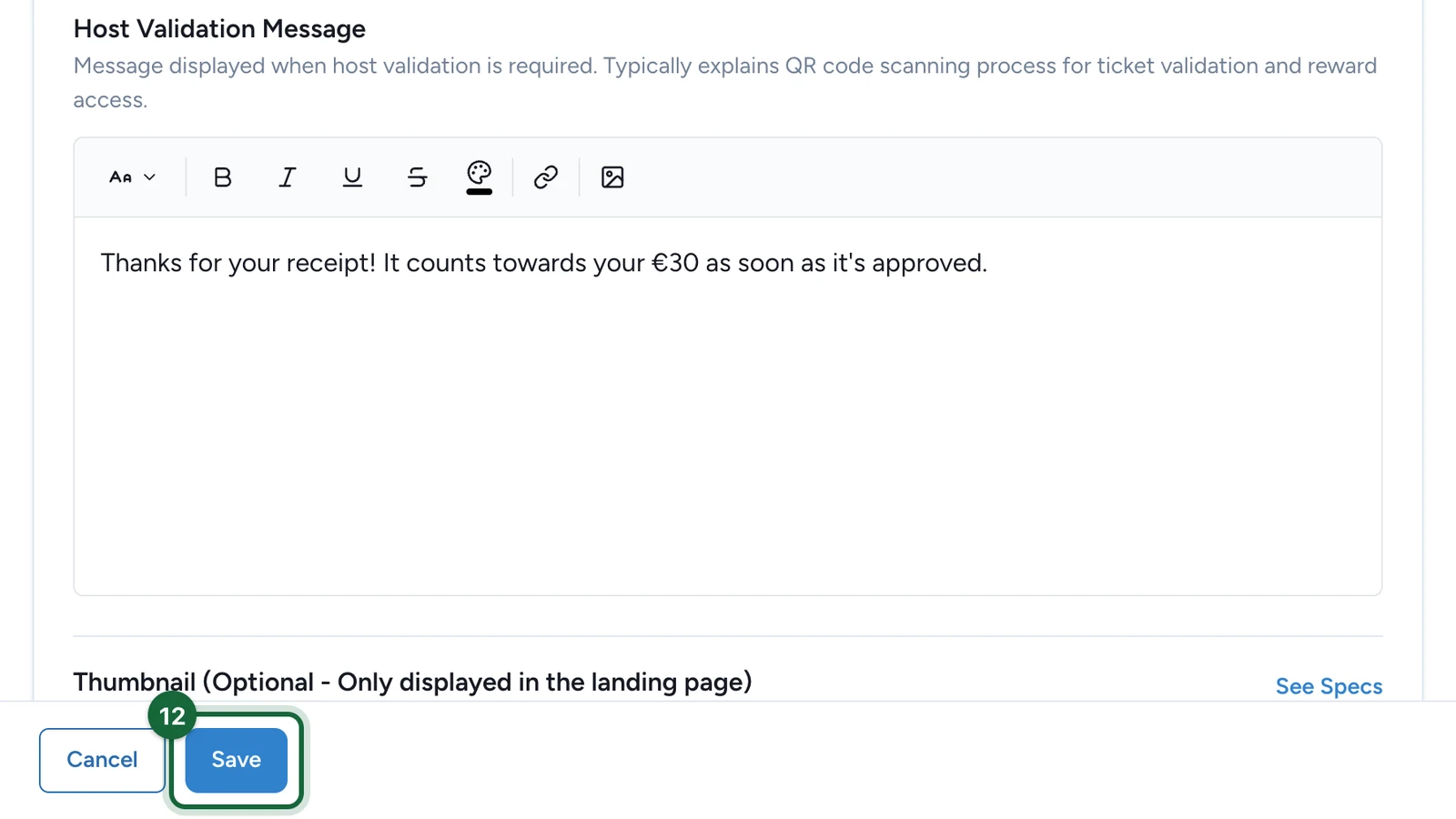 Receipt game editor footer with the Save button highlighted