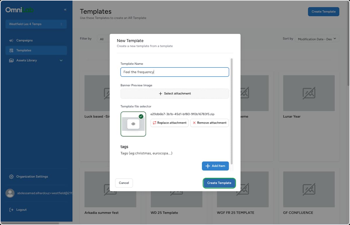 Panneau New Template avec le ZIP joint et le bouton Create Template mis en évidence