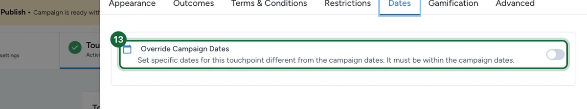Dates tab with the Override Campaign Dates toggle highlighted
