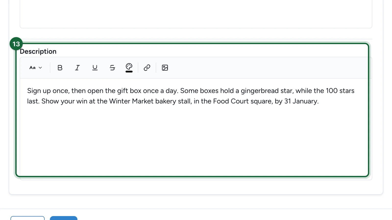 Description with the rules: one try a day, 100 stars, and the Winter Market bakery stall by 31 January, highlighted