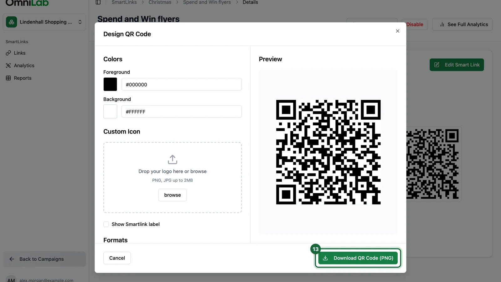 Design QR Code window with the Download QR Code (PNG) button highlighted