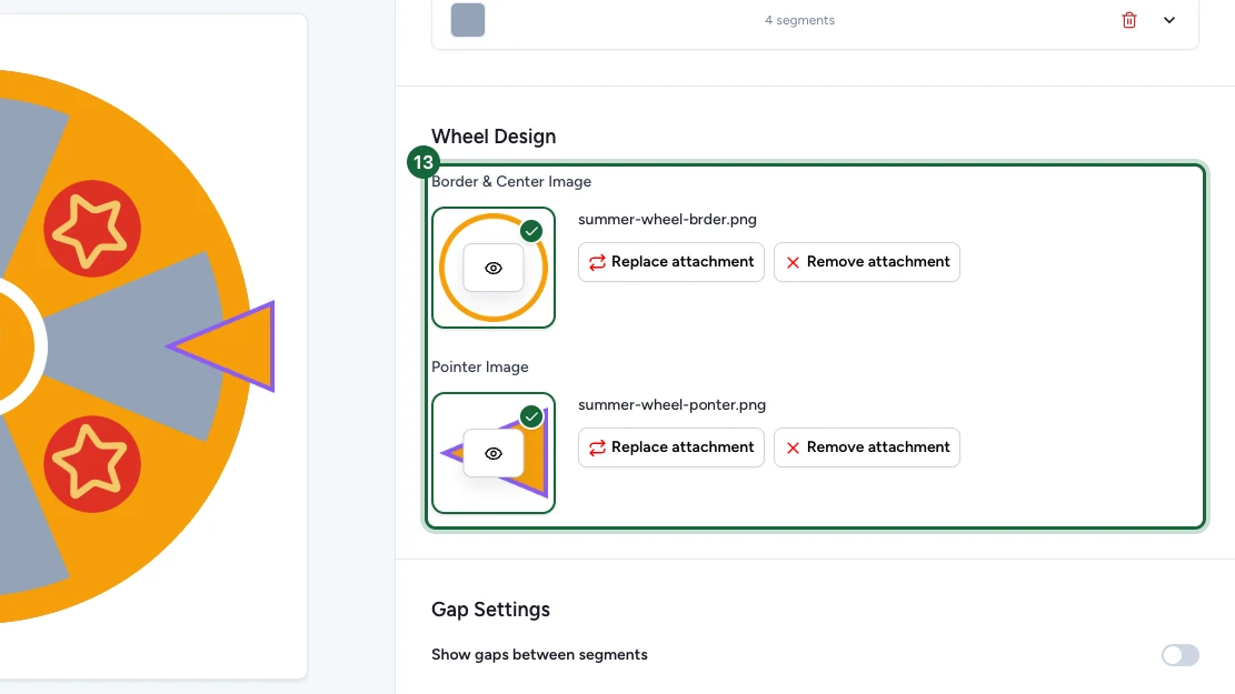Wheel Design panel in the builder with the Pointer Image and Border & Center Image upload controls highlighted