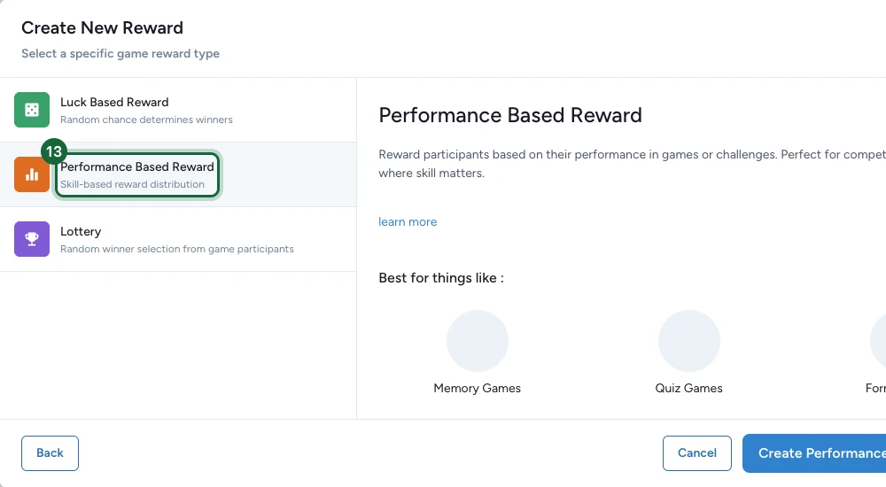 Sous-types de récompense de jeu avec Performance Based Reward mis en évidence