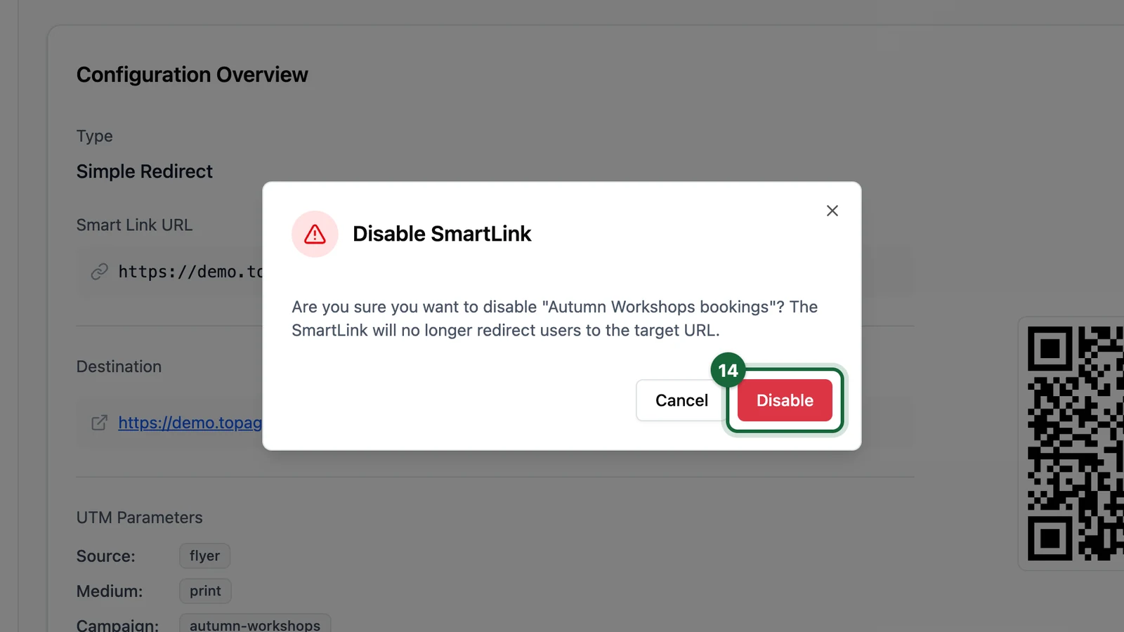 Disable SmartLink window with the Disable button highlighted