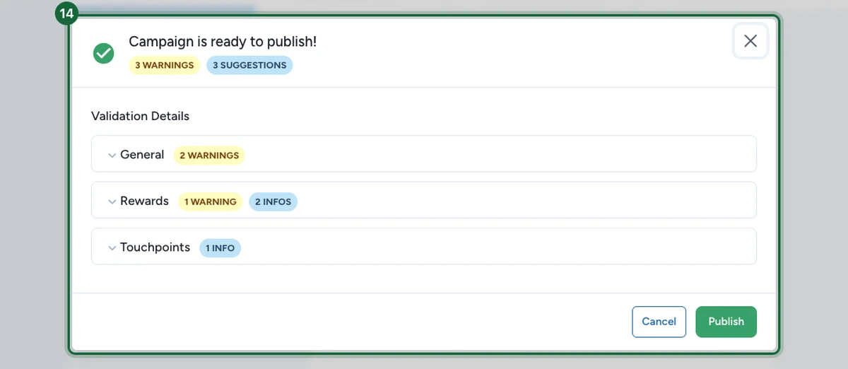 Publish dialog showing the campaign is ready to publish with no blocking errors