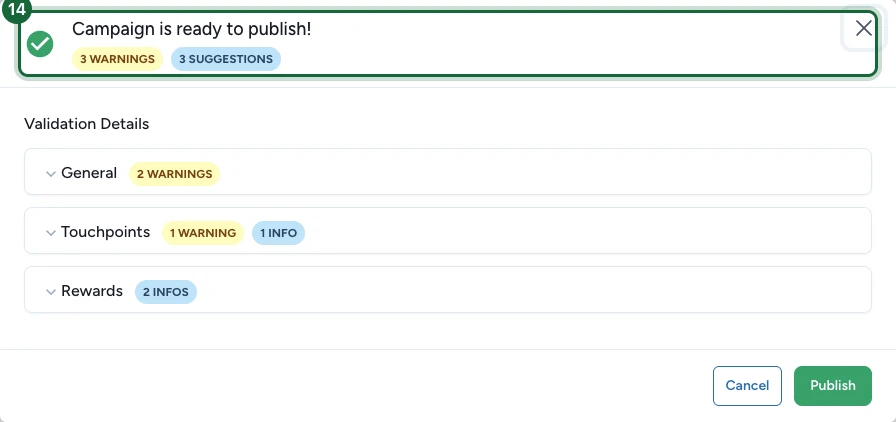 Fenêtre de publication indiquant que la campagne est prête à être publiée