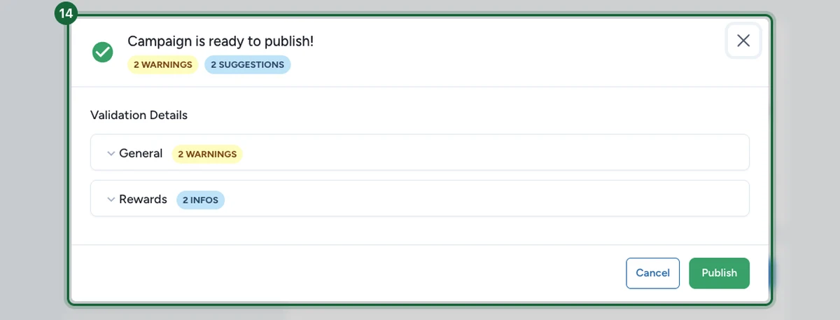 Fenêtre Publish indiquant que la campagne est prête à publier, sans erreur bloquante