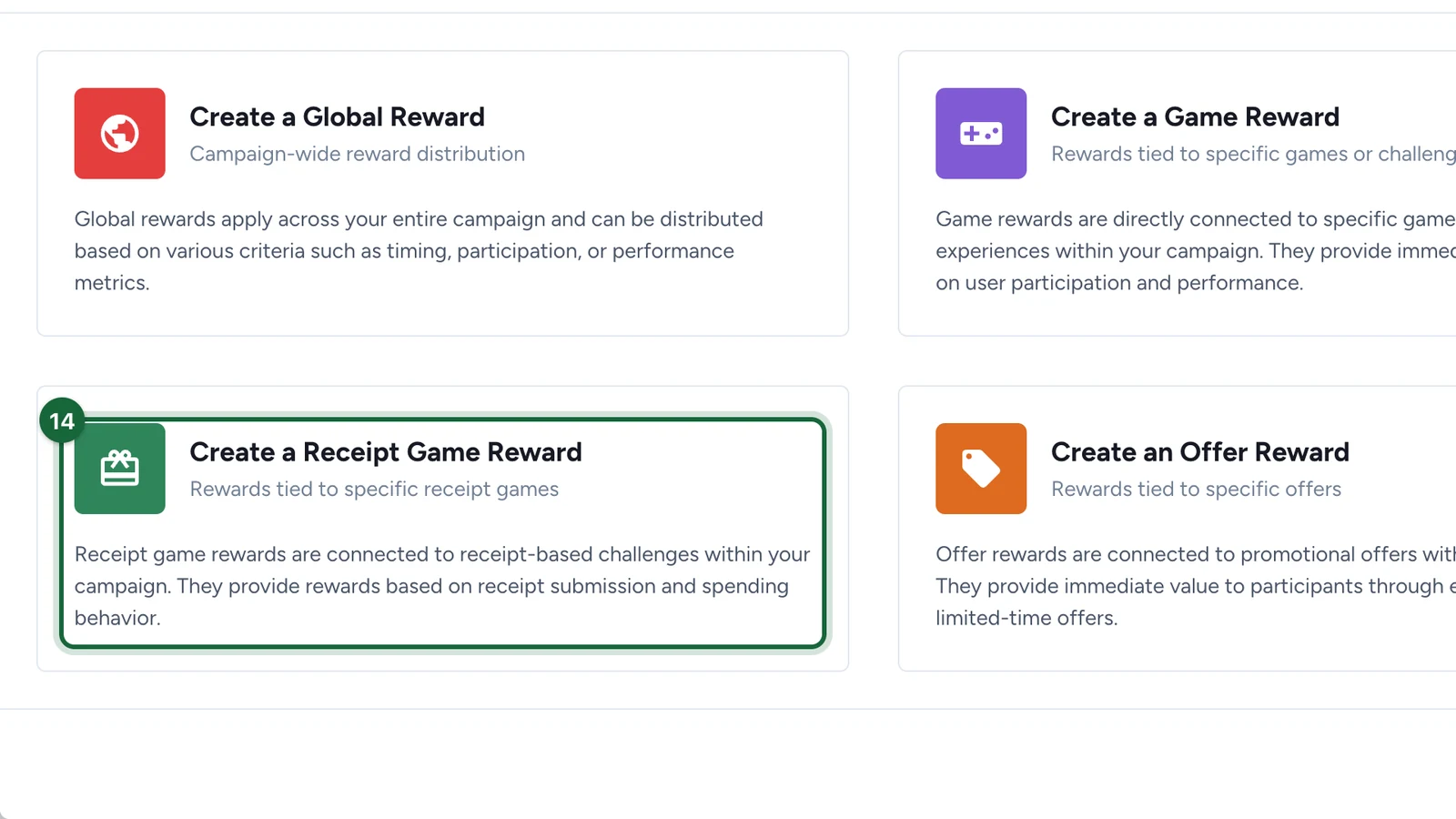Create New Reward window with the Create a Receipt Game Reward card highlighted