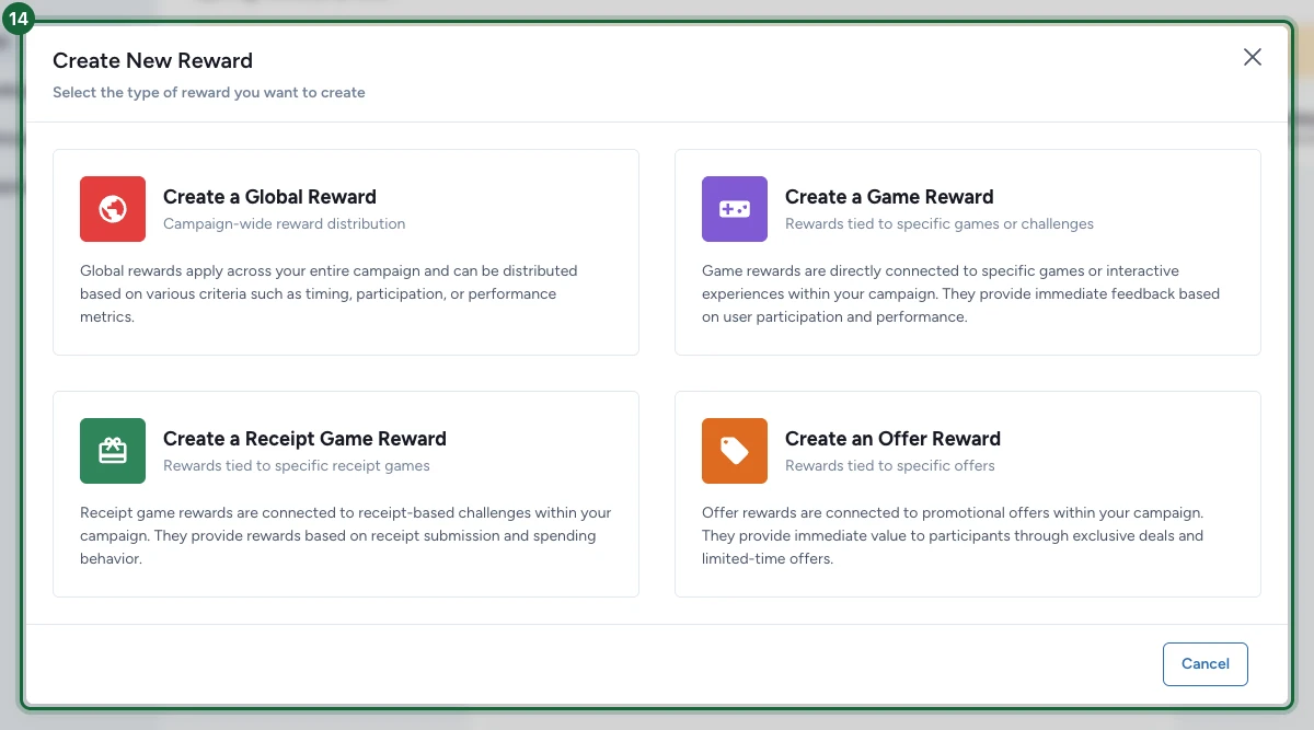 Create New Reward modal showing the reward types, with Create a Game Reward highlighted