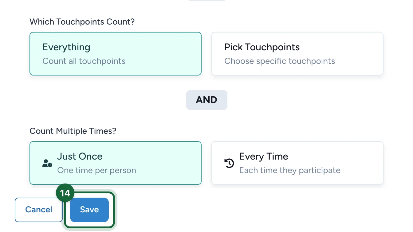 Reward settings with Everything and Just Once selected and the Save button highlighted