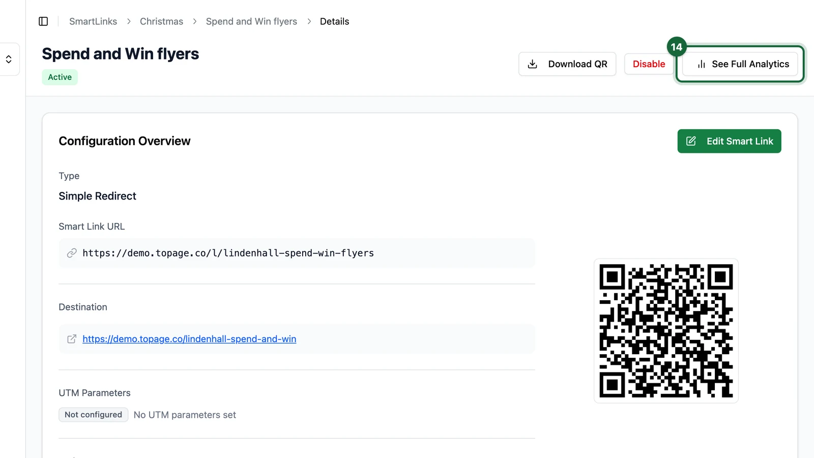 Smart Link details with the See Full Analytics button highlighted