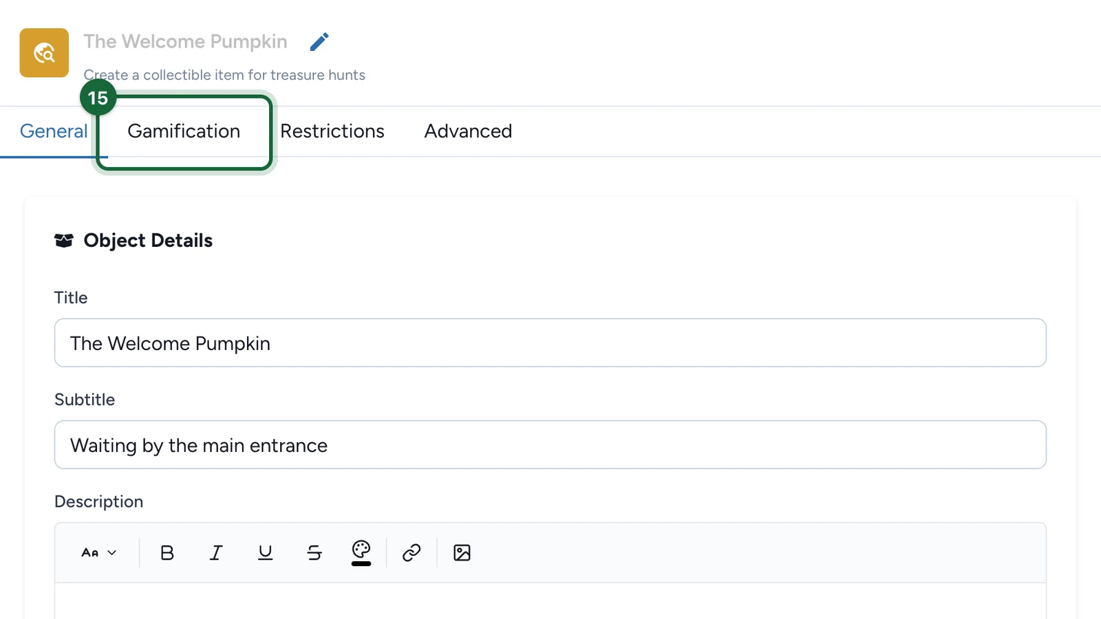 Object editor with the Gamification tab highlighted