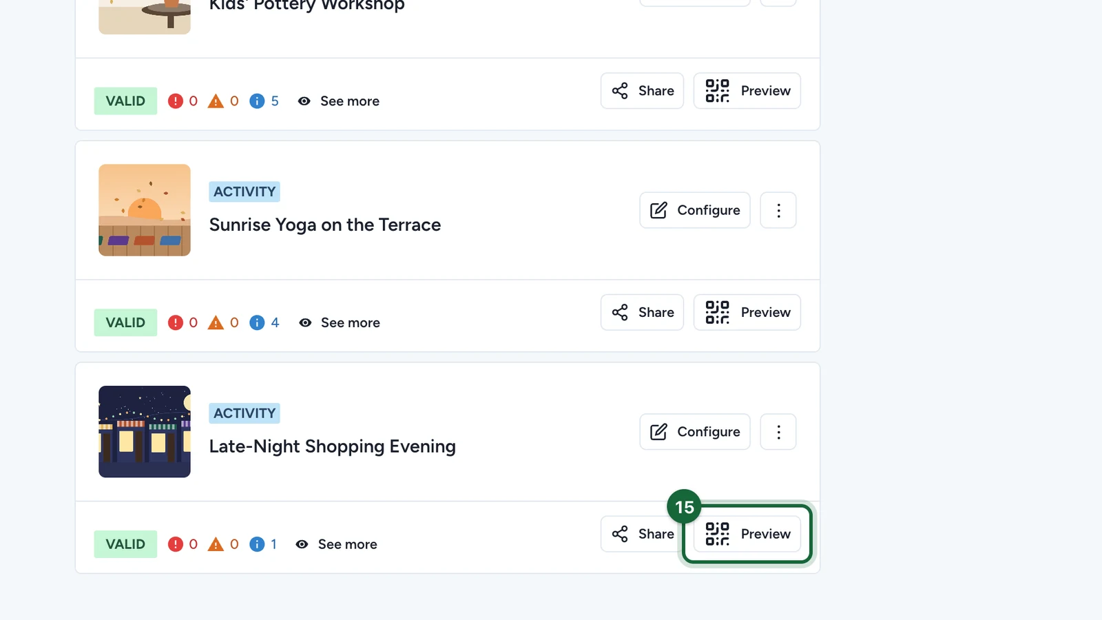 Touchpoints list with the Preview button of Late-Night Shopping Evening highlighted