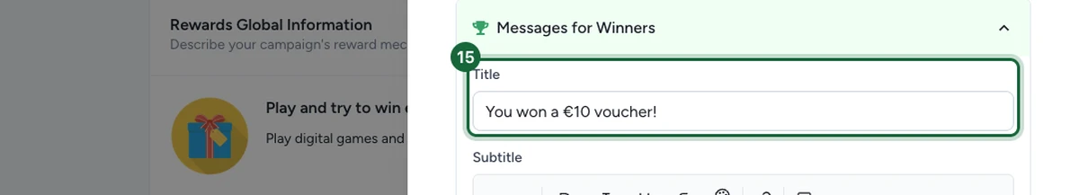 Reward User Messages section with the winner message Title field highlighted