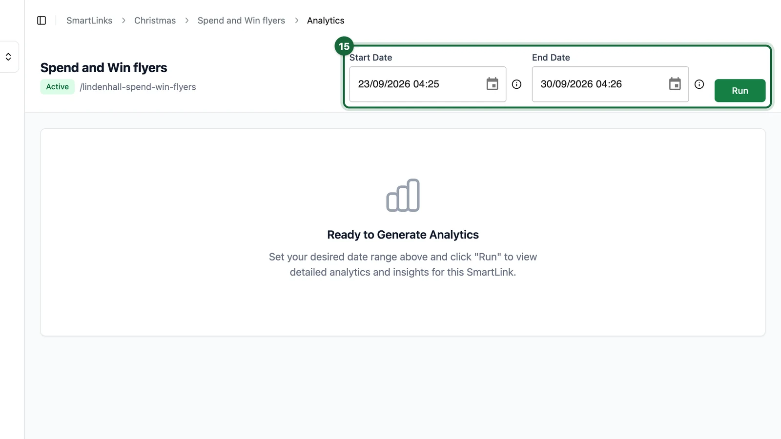 Analytics page with the Start Date, End Date and Run button highlighted