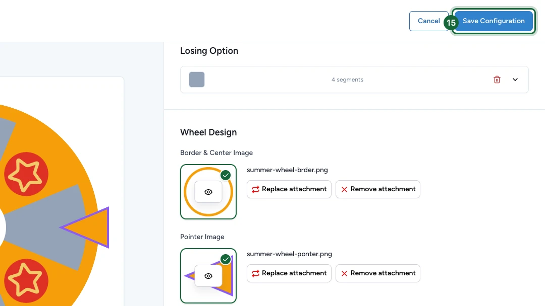 Wheel builder with the Save Configuration button highlighted in the top bar