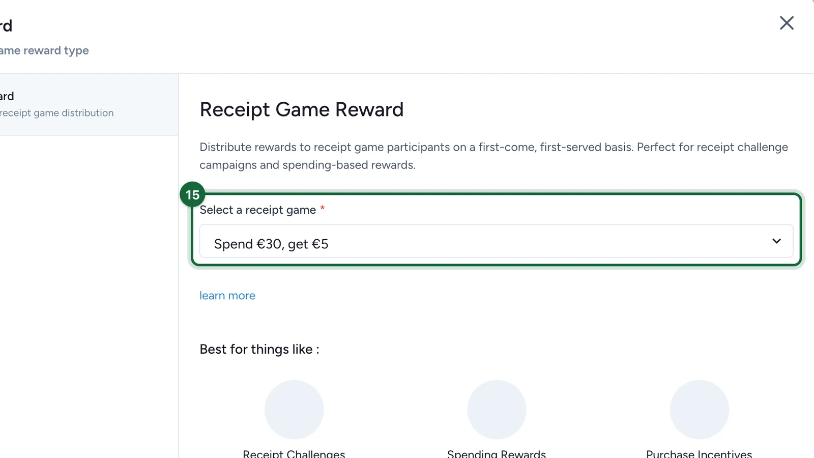 Select a receipt game set to Spend €30, get €5, highlighted