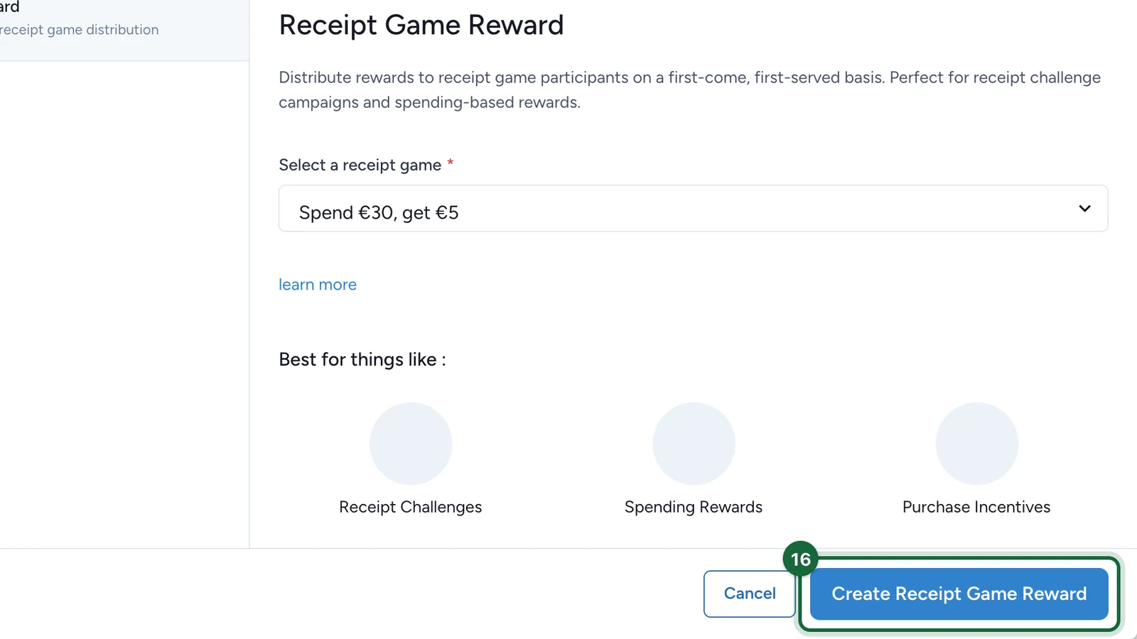 Create Receipt Game Reward button highlighted