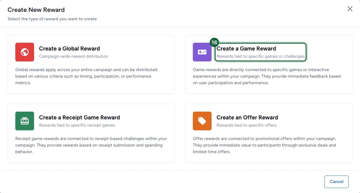 Create New Reward dialog showing the four reward types, with Create a Game Reward highlighted