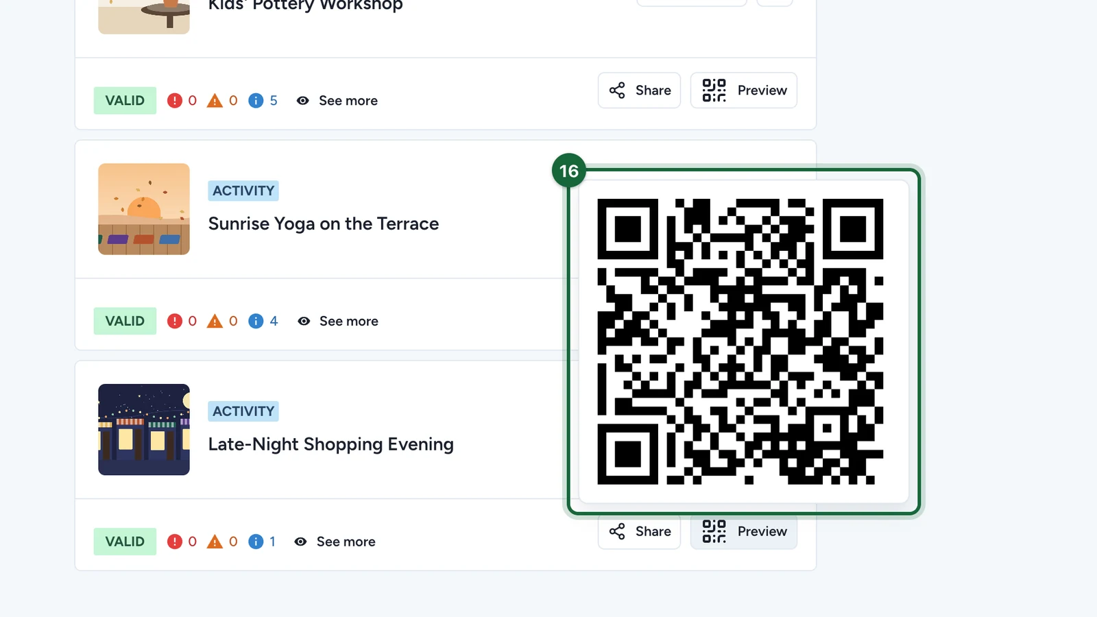 Preview window with the Late-Night Shopping Evening QR code, highlighted