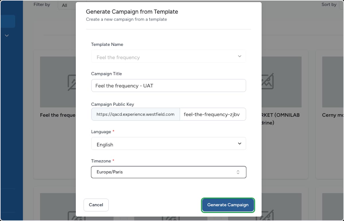 Boîte de dialogue Generate Campaign from Template avec le titre, la clé publique, la langue et le fuseau horaire renseignés, et le bouton Generate Campaign mis en évidence