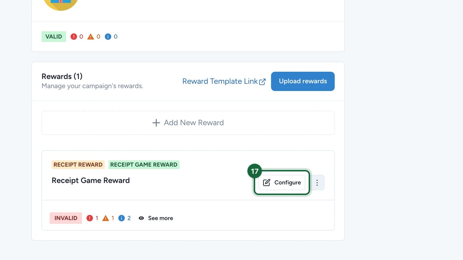 Rewards list with the new Receipt Game Reward and its Configure button highlighted