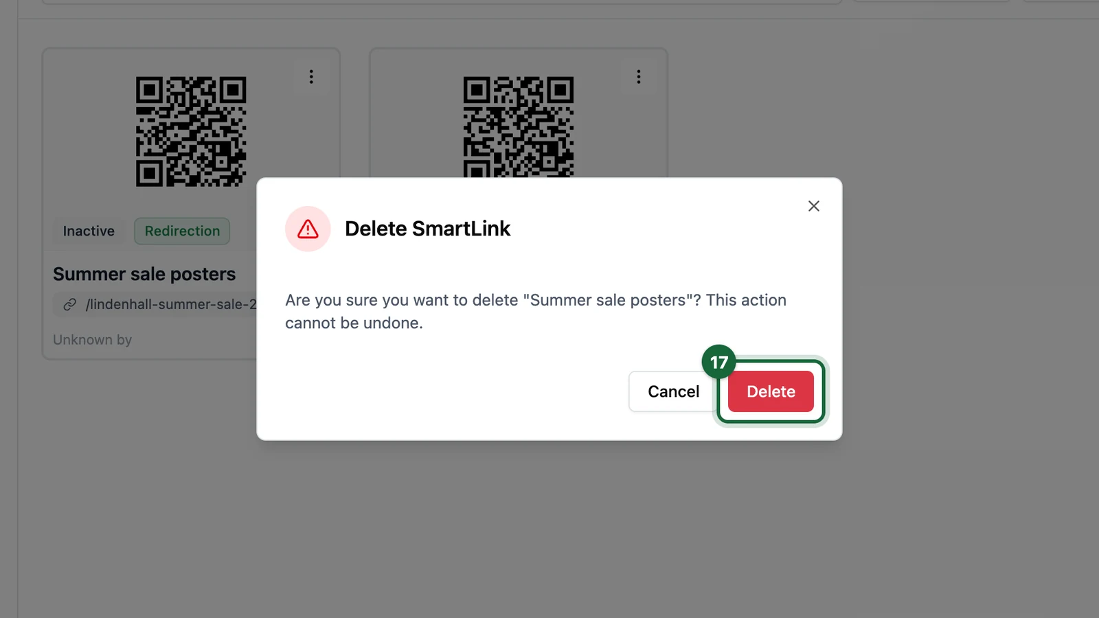 Delete SmartLink window warning that the action cannot be undone, with the Delete button highlighted